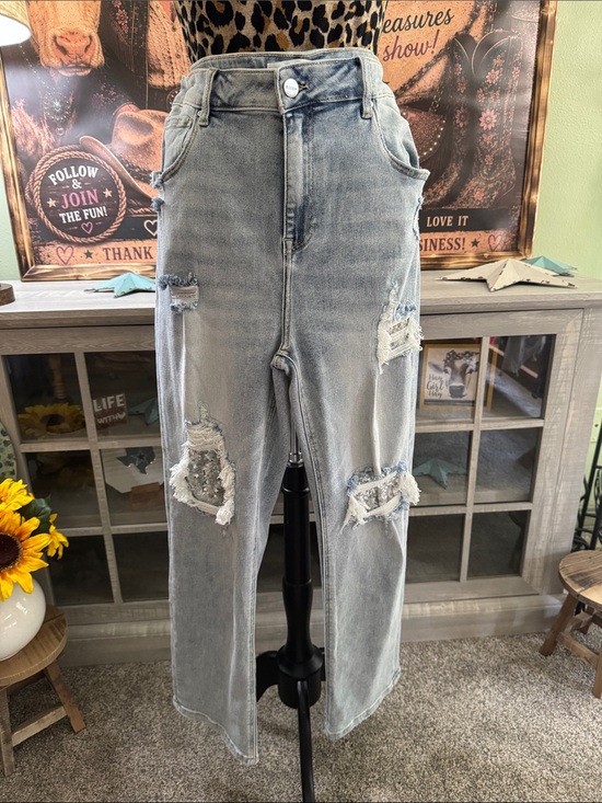 Risen Jeans Denim - Risen Sequin Light Wash Distressed Denim Jeans Size 2XL